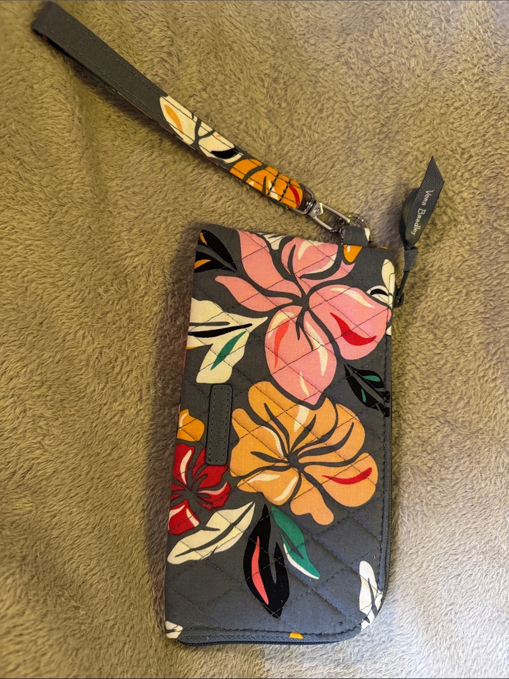 Vera Bradley Quilted Floral Wristlet in Charcoal with Pink & Orange Blooms